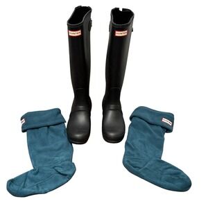 Hunter Original Tall Rain Boots & Fleece Socks Adjustable Back Black Matte US 8